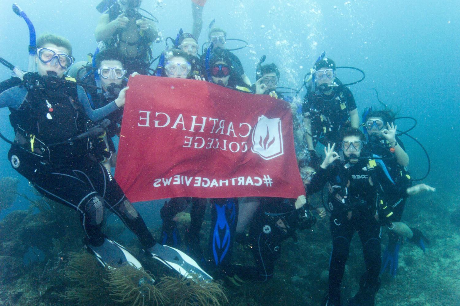 学生们手持<a href='http://pwyp.ngskmc-eis.net'>bv伟德ios下载</a>旗帜，在j学期洪都拉斯游学之旅中潜水.